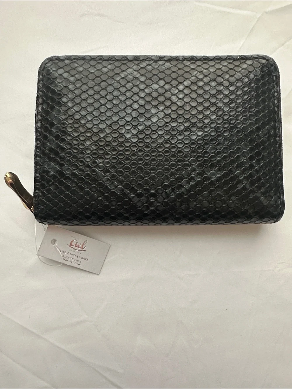 Black Textured Faux Snakeskin Zip Around Wallet